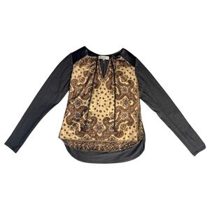 Hale Bob XS Gray Paisley Sheer V-Neck Tassel Beaded Embellished Tunic Blouse